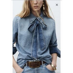 Mango Lana Denim Bow Blouse